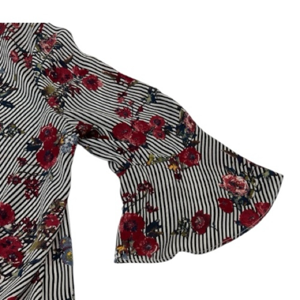 BCX Floral Stripe Wrap Front Bell Sleeve Blouse Women’s Large - Picture 5 of 9